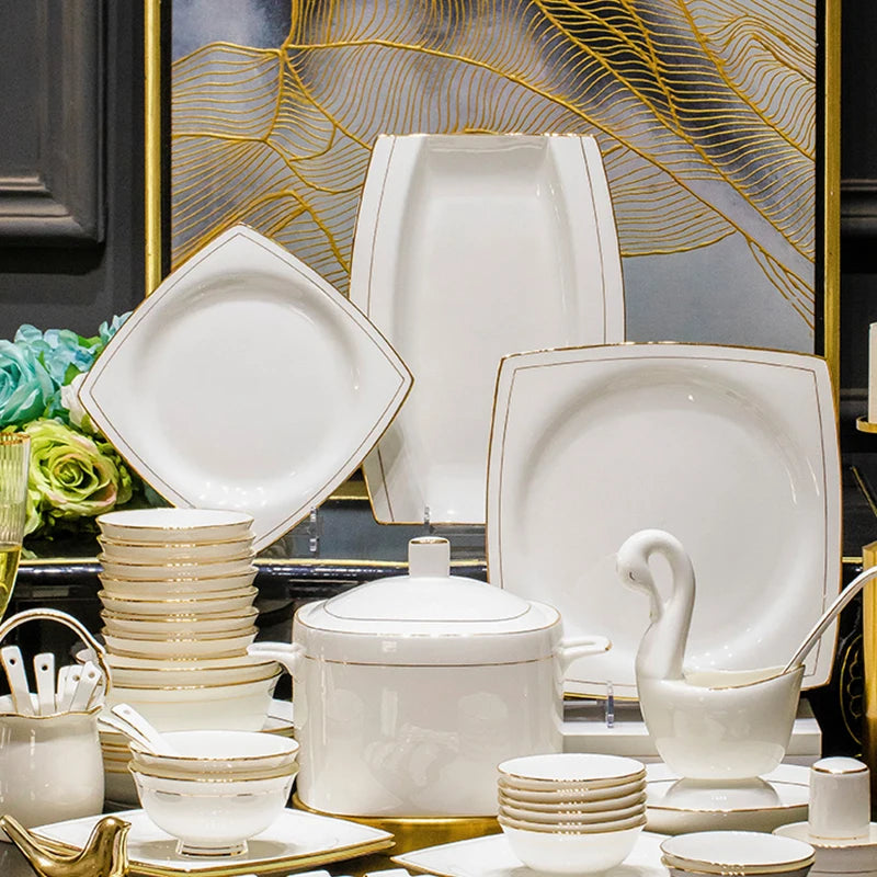 Luxury Wedding Golden Rim Ceramic Dinner Set Custom  Plate Tableware Porcelain Dinnerware Sets