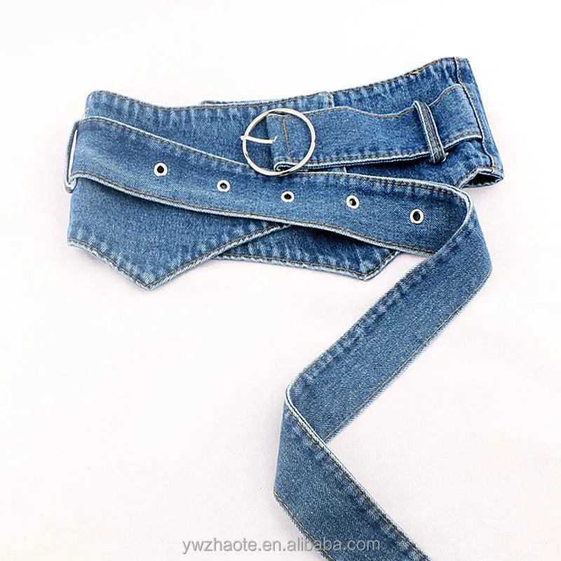 Vintage Wide Waist Seal Women's Dress Belt Denim Fabric with Alloy Buckle Accessory