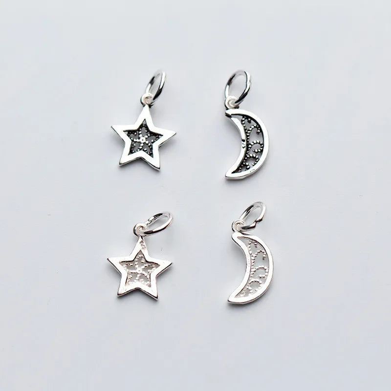 Hollow Flower Shape 925 Sterling Silver Crescent Moon and Stars Charm Pendant Jewelry Accessories
