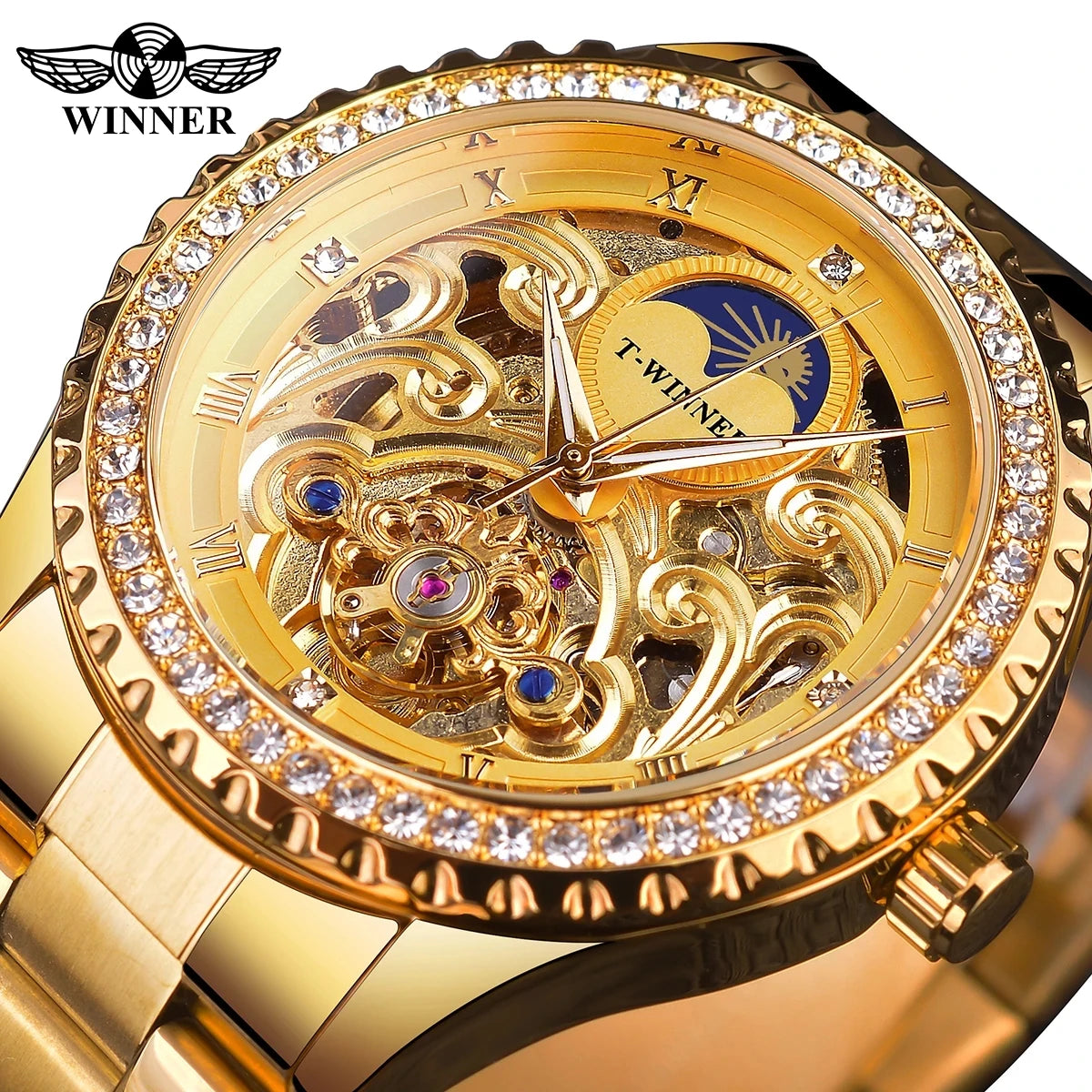 Winner Mechanical Wristwatches Men Luxury Golden Diamond Skeleton Automatic Man Watch Stainless Steel Moon Phase Mens Clock