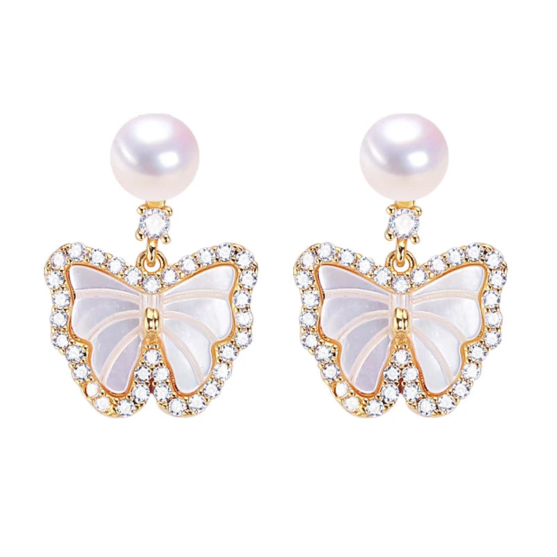 S925 Silver Needle Luxury Sea Shell Butterfly Jewelry Natural Freshwater Pearl Stud Earrings