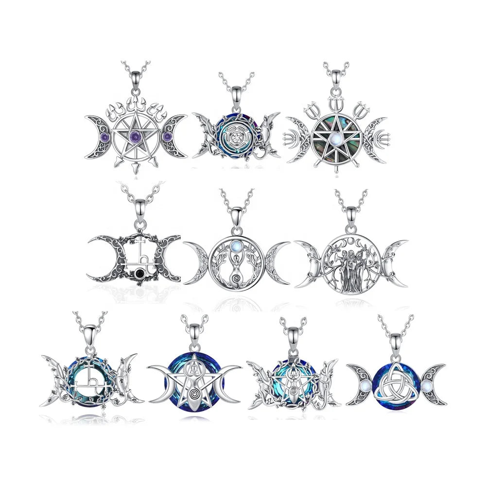 925 Sterling Silver Wicca Jewelry Wiccan Symbols Jewellery Witch Goddess Lilith Triple Moon Pendant Necklace for Women
