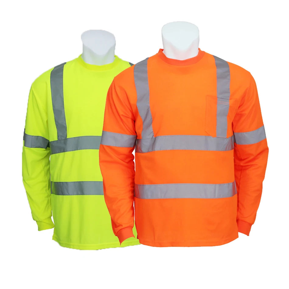 High Visibility Safety T-shirt Reflective Fluorescent Yellow Orange Custom Logo Long Sleeve T-shirt With Pocket