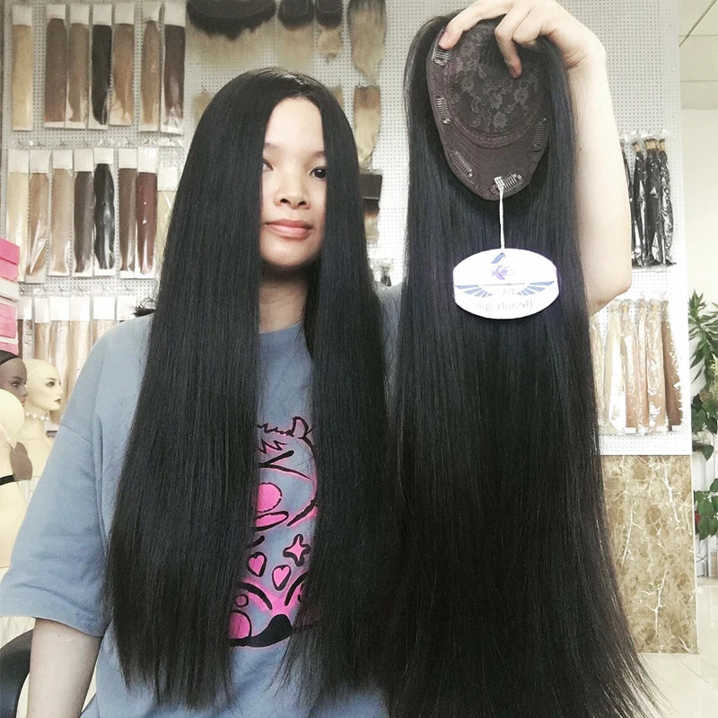 Kuwait Hand Tied Full Cuticle Aligned European Unprocessed Remy Hair Natural Black Human Hair Silk Base Topper for Women