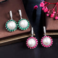 Fashion Silver Plated CZ Huggie Round Big Pearl Drop Earrings for Wedding Quality Green Red Cubic Zirconia Crystal Jewelry Gifts