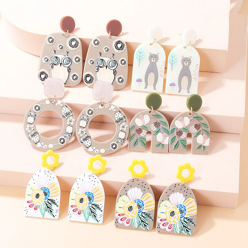 New Creative Bohemia Female Acrylic Earrings with Exaggerated Temperament Female Drop Earrings with Personality Print