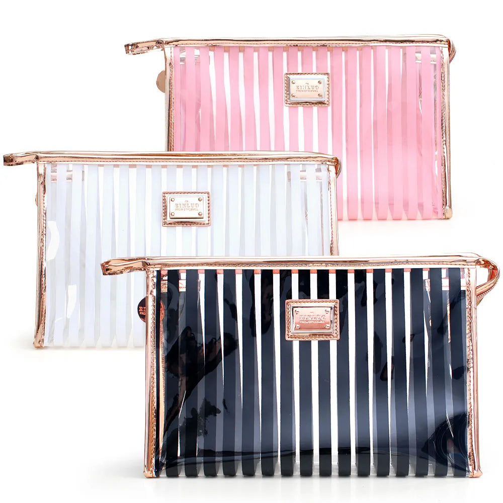 Women clear PVC Cosmetic Bag Customized Strip Printed Transparent PVC Makeup Pouch Bag for Travel Eco