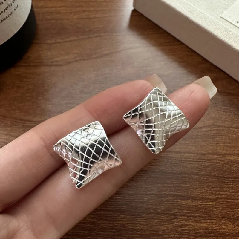 925 Sterling Silver Geometric Square Shape Stud Earrings for Women Fine Jewelry