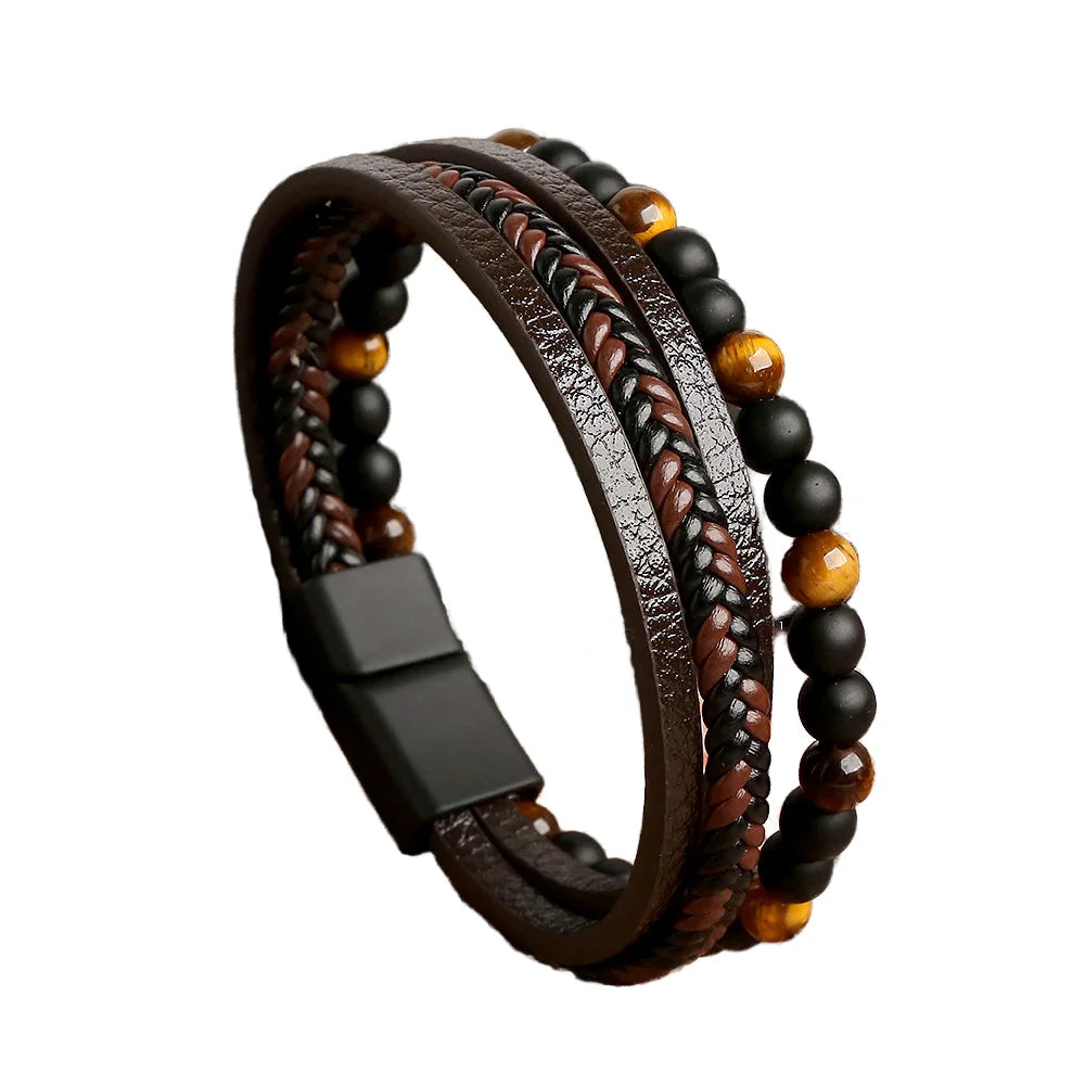 Hot Sale Fashion Jewelry Leather Stainless Steel Bangle Woven Stone Alloy Men's Bead Bracelet