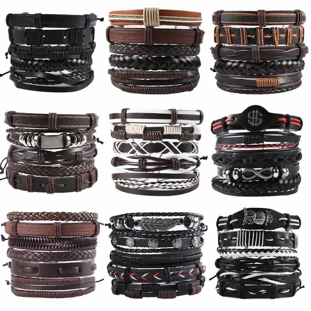SC Hip Hop Cross Woven Leather Bracelet 5 Pcs Set Leather Bangle Bracelet Handmade Adjustable Bracelets for Women Men