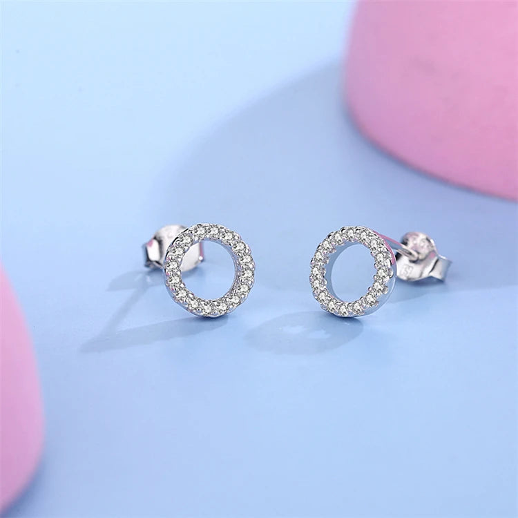 Simple 925 Sterling Silver Circle Hollow Stud Earrings Women Fashion Full Diamond Rhinestone Earrings