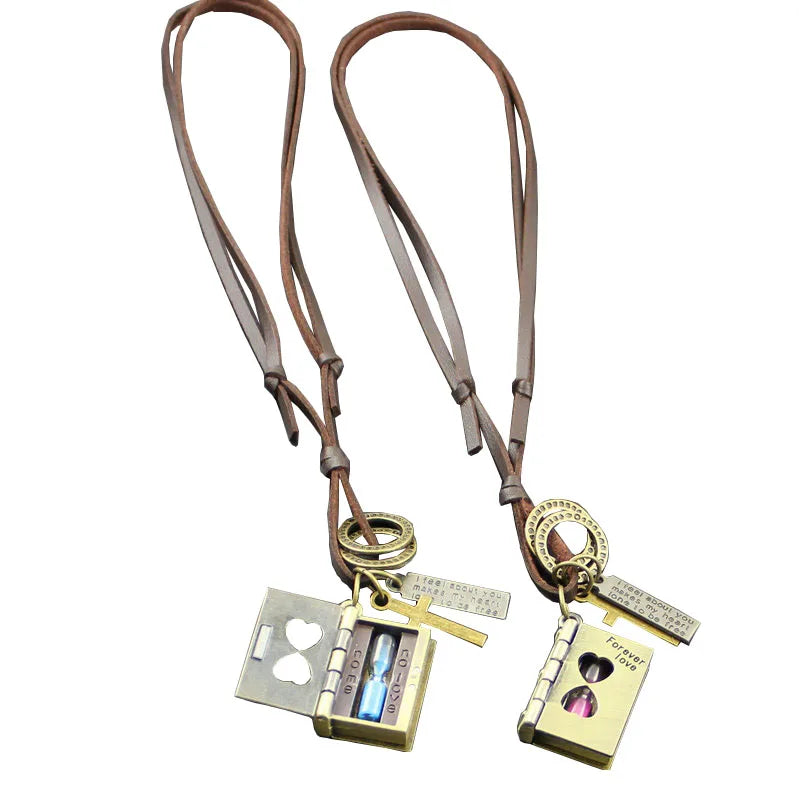 Novel Jewelry Openable Book Pendant Necklace Hourglass Necklace Leather Necklace