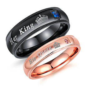 Couple Rings - Her King & His Queen Crown Charm Letter Zircon Ring Gold and Black Wedding Band Titanium Ring