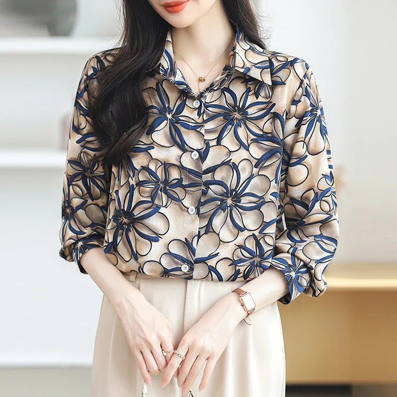 Turn Down Collar Button Long Sleeve Blouse Women Single Breasted Office Work Print Vintage Shirts Blouses 6827#