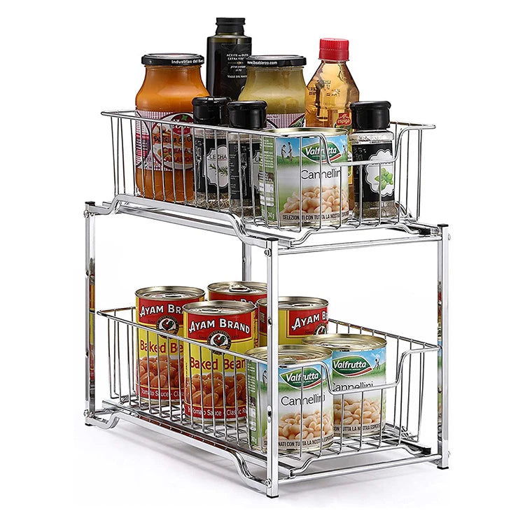 Stainless Steel Kitchen Spice Rack with Double Tiers Multi-Purpose Storage for Dry Goods Utensils More