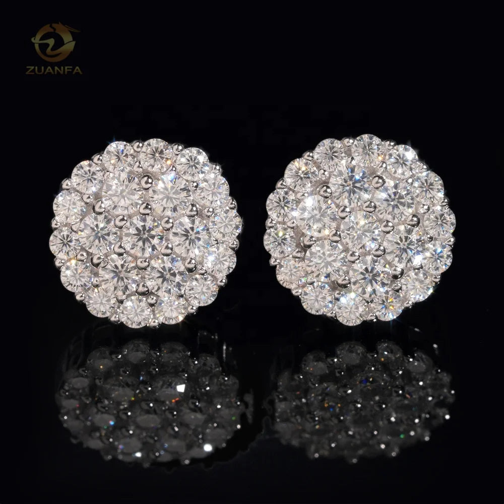 New Arrival Hip Hop Cluster Diamond Round Shape Screw Back 925 Silver Moissanite Sstud Earring