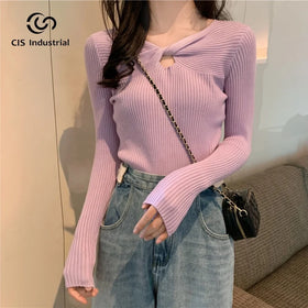 Knitwear Manufacturers Custom Design v Neck Twist Basic Long Sleeve Sweater Knitted Women Pullover Heavy Solid Rib Knit Top