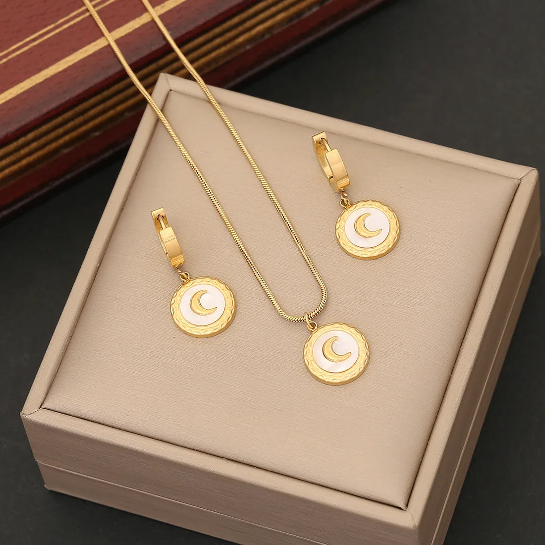 New 2pcs Set Tarnish Free 18k Gold Plated Stainless Steel Moon Earrings and Necklace Jewelry Set for Women