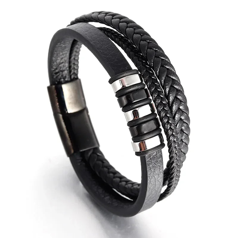 Handmade Braided Multilayer Leather Bracelet Stainless Steel Magnetic Clasp Bangle Cow Leather Bracelet for Men Jewelry OT-074