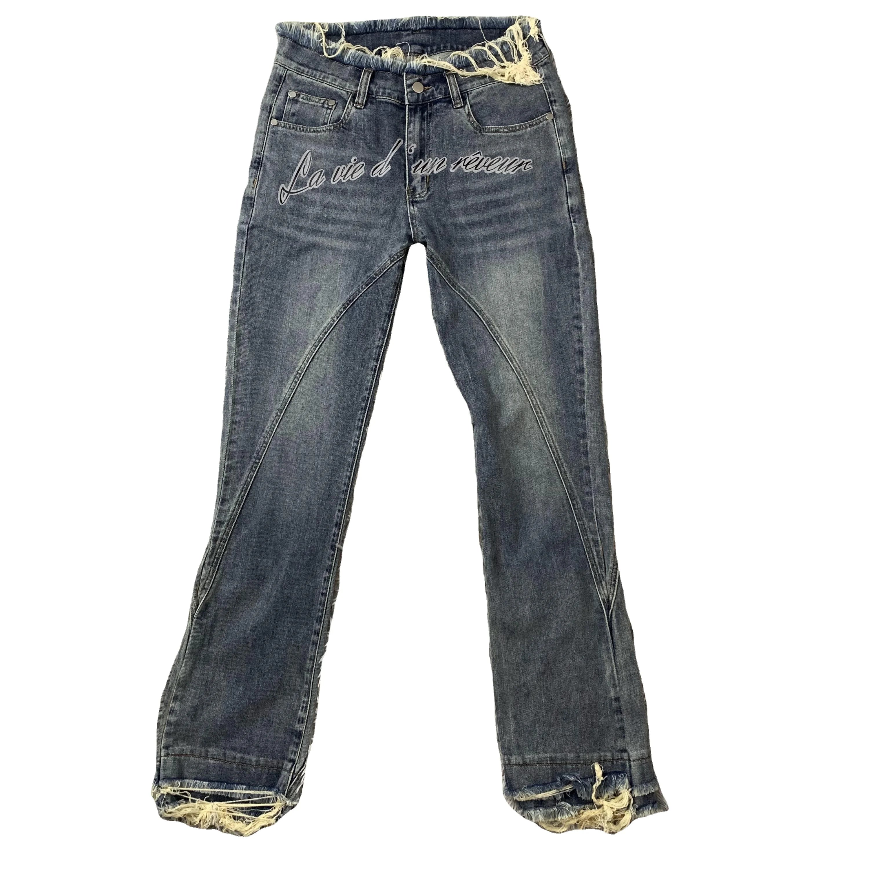 DENIMGUYS Men Distressed Tassel Flared Jeans America Street Style Y2k Vintage Washed Denim Pants Mens Plus Size Jeans