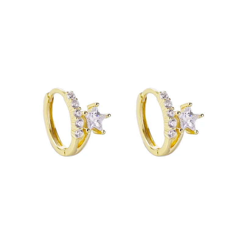 American European Fashion 925 Sterling Silver Earring Pentagram Star Zircon Gold Plated Hoop Earrings Women