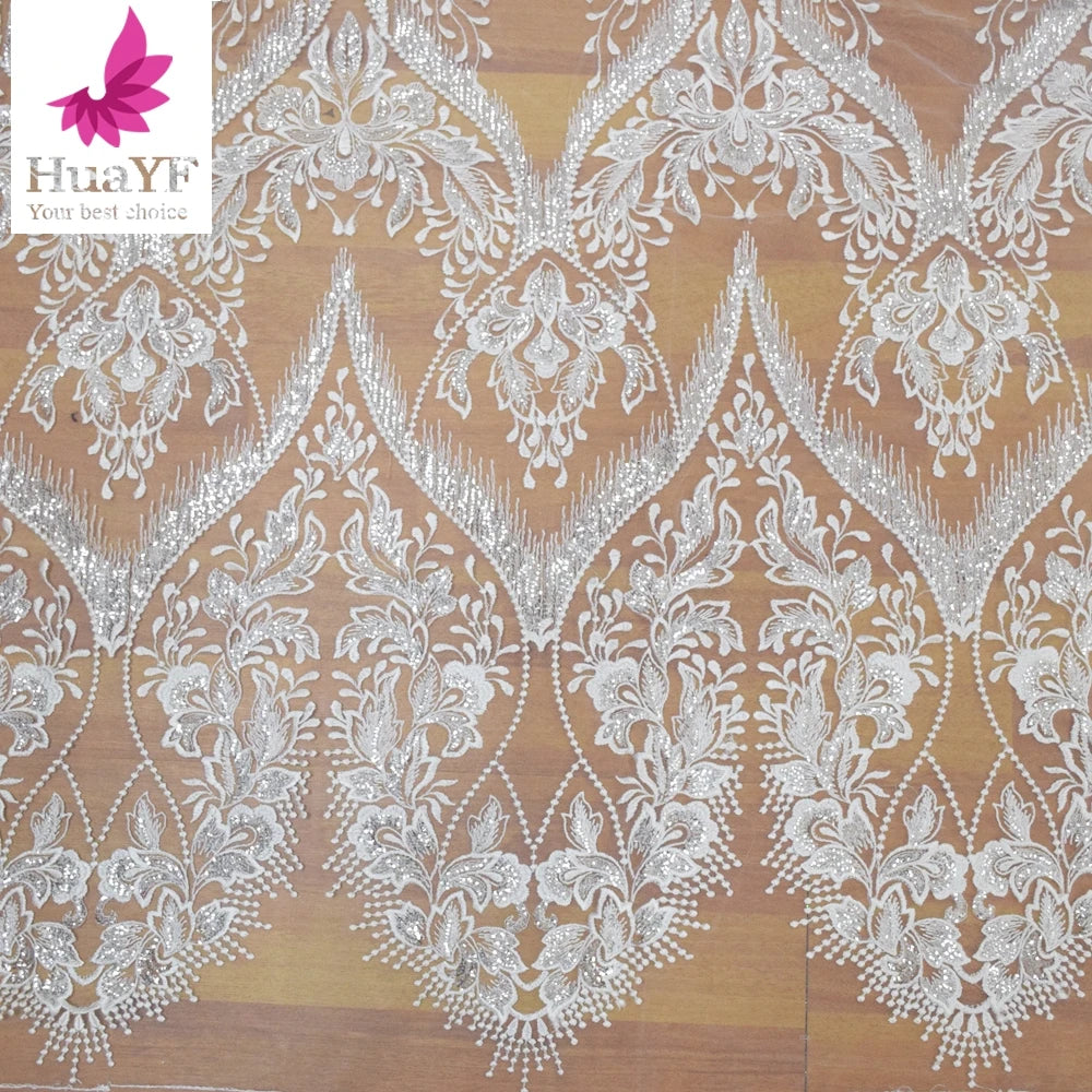 HY1182 Simple White Bridal Wedding Dress 3D Floral Embroidery Sequins Fashion Design Lace Fabric African Cheap Fabric
