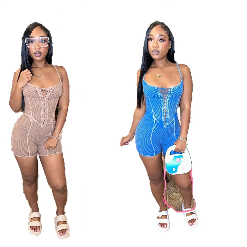 KY Skinny Playsuit Womens Ribbed Romper Washed Short Sleeve Custom Romper Women
