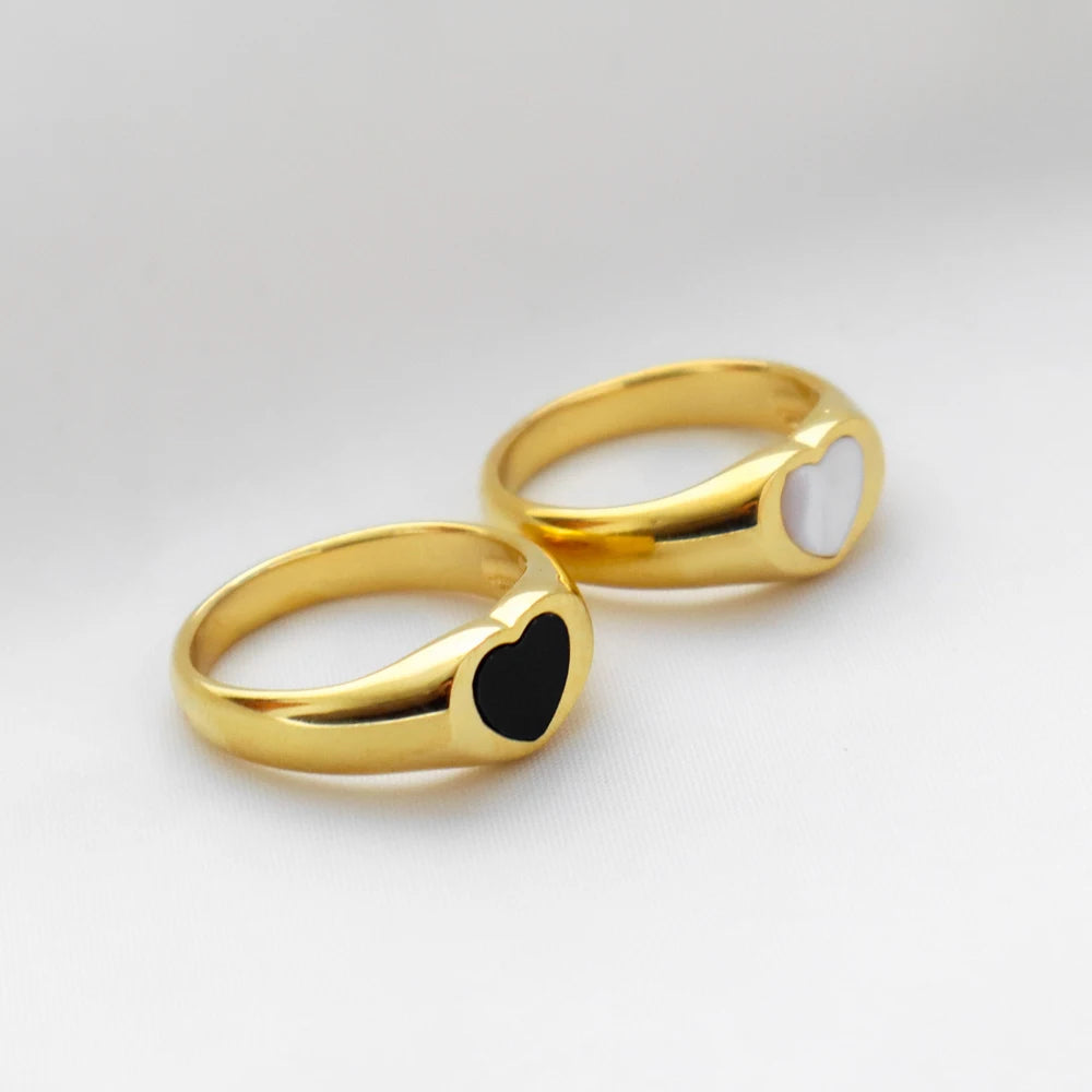 Dainty 18K Gold Plated Stainless Steel Engagement Signet Ring Stacking White Shell Heart Rings Jewelry Women