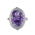 Gorgeous Vintage Style Silver 925 Fine Ring Rhodium-Plated Natural Amethyst Oval Cut Diamond for Women's Weddings and Parties