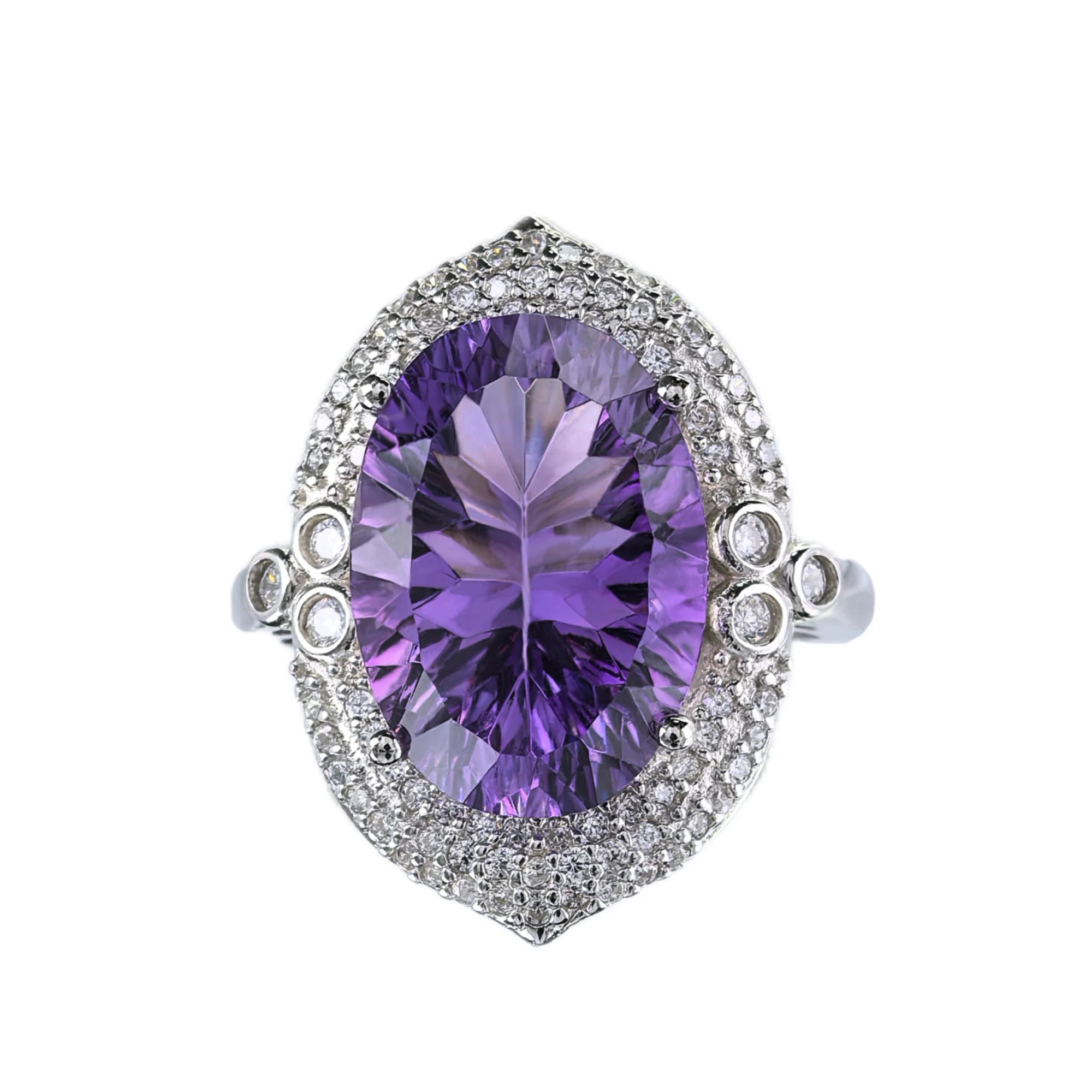 Gorgeous Vintage Style Silver 925 Fine Ring Rhodium-Plated Natural Amethyst Oval Cut Diamond for Women's Weddings and Parties