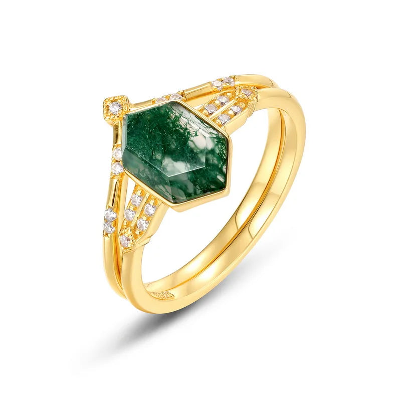 925 Sterling Silver Yellow Gold Plating Jewelry Green Natural Moss Agate Fine Jewelry Moss Agate Ring