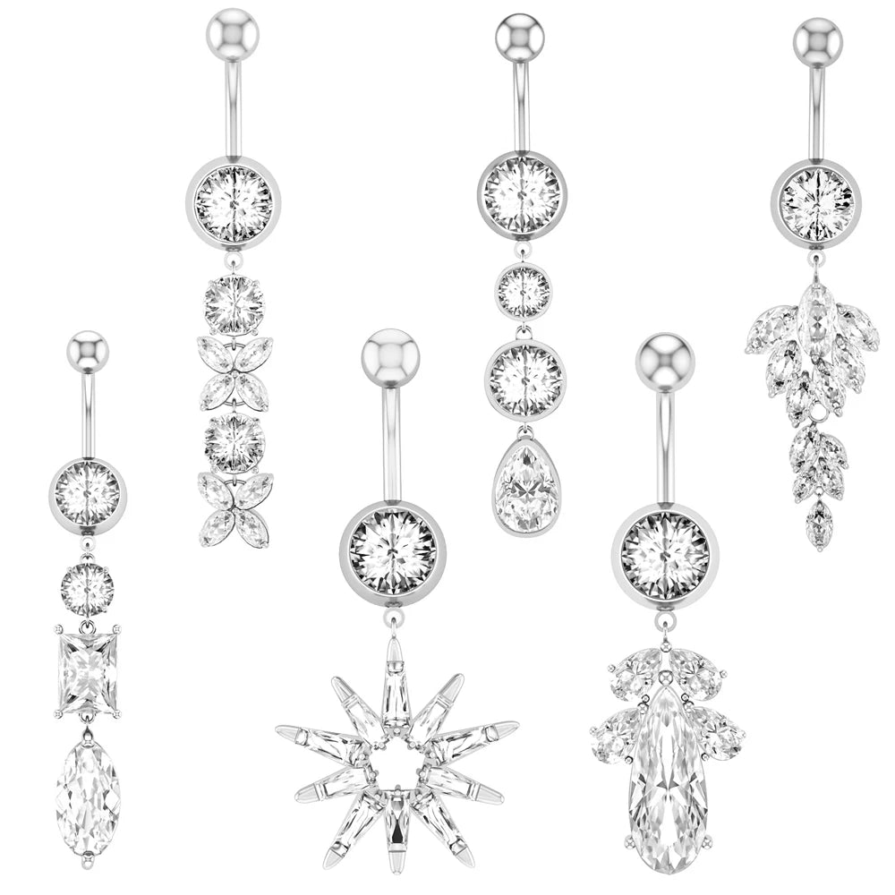 10pcs Set Large Zircon Assemblage Belly Rings Surgical Steel Piercing Jewelry Dangle Navel Ring for Summer Beach Weddings