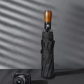 Business Man Super Large Fold Umbrella Travel Folding Umbrella 10k Wholesales Full-automatic Black Carton Wooden Handle Umbrella