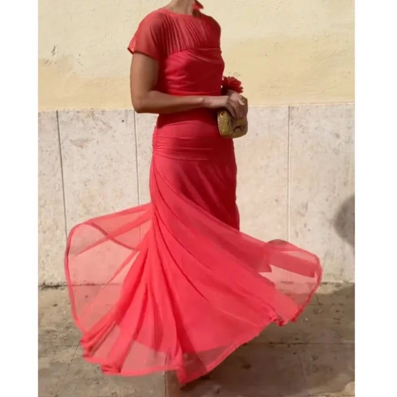Fashion Solid Mesh High Waist A-Line Eco-Friendly Long Dress Chic Short Sleeve Slim Party Maxi Dress Lady Elegant Vacation