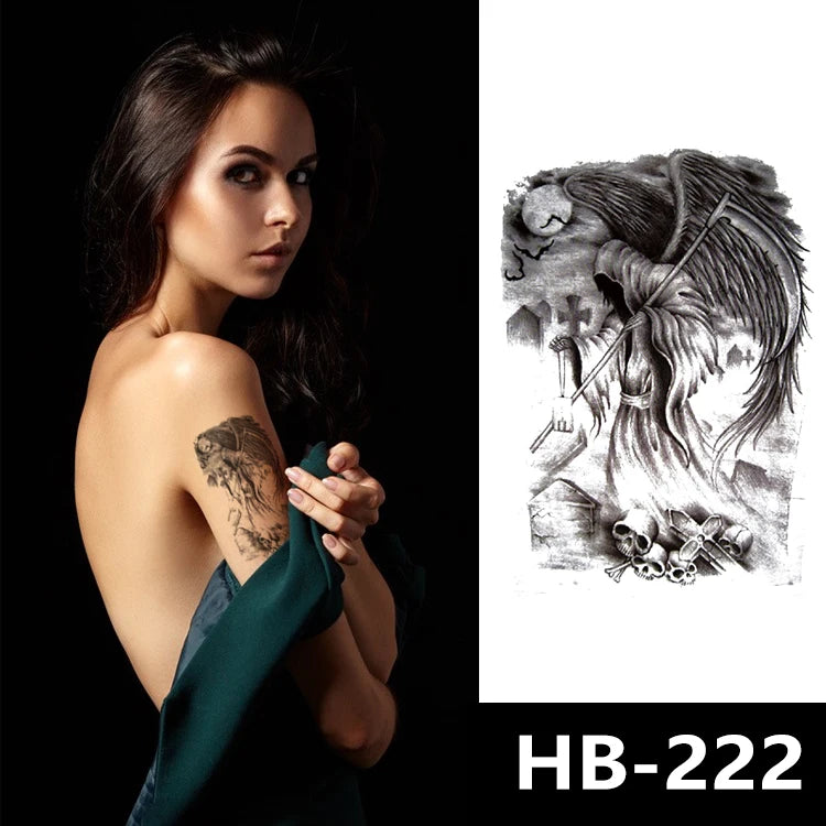 Black and White Waterproof Temporary Half Arm Tattoo Sticker Grim Reaper Ghost Design