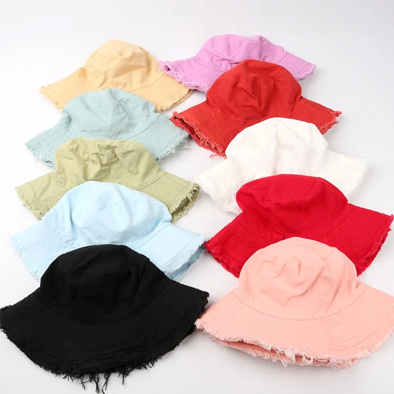 Vintage Solid Color Blank Plain Women Wide Brim Sun Beach Cotton Fisherman Cap Distressed Washed Frayed Bucket Hat