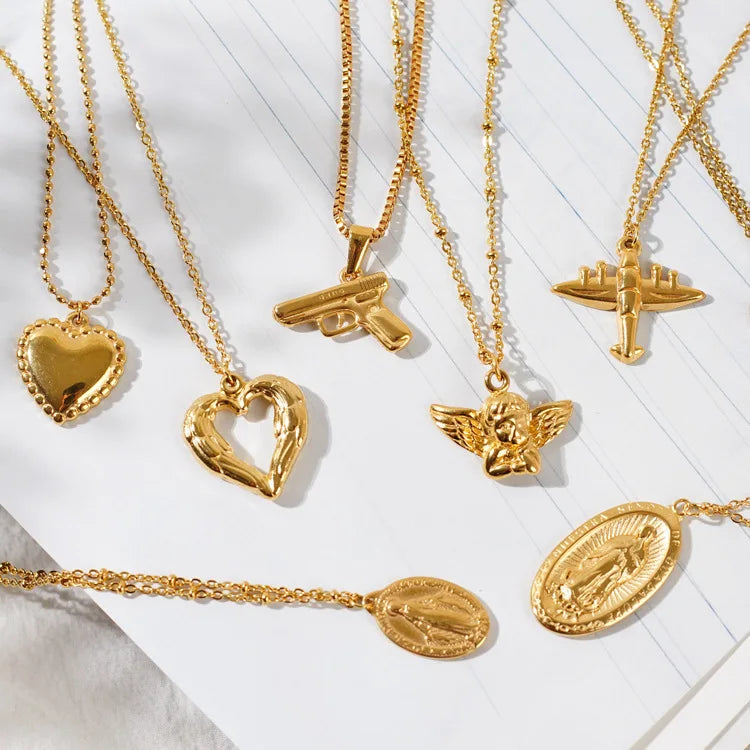 Wholesale Jewellery Trendy Antique Cross Angel Wing Necklace Heart Charm Christian Virgin Mary Gun Gang 18K Gold Plated Pendant