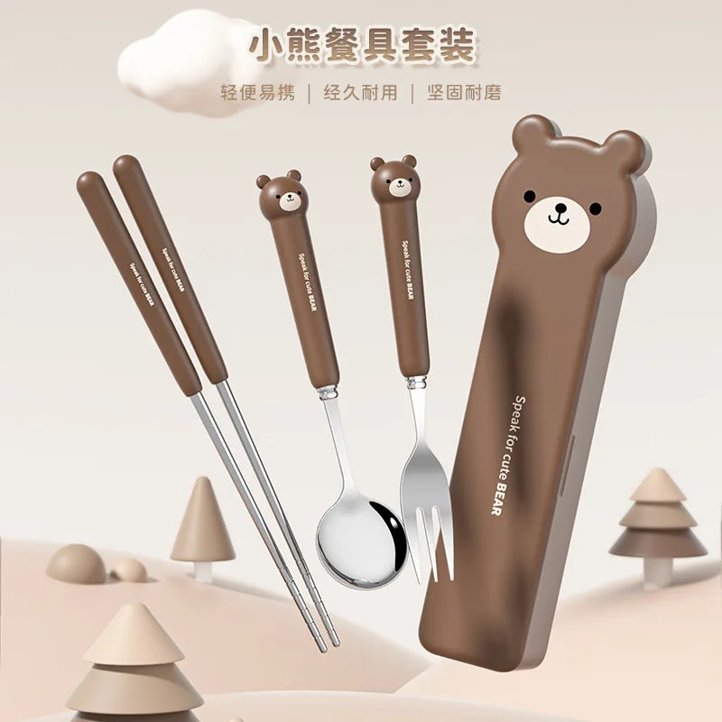 Eco Stainless Steel 304 Portable Kawaii Camping Tableware Set Children Kids Travel Chopsticks Fork Spoon Cutlery Set With Case