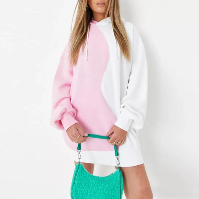 Wholesale New Arrival White and Pink Color Blocking Streetwear Sweatshirt Dress for Women Plus Size Hoodie Dress
