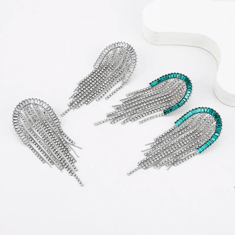 Hot Sale Silver Plated Tassel Earrings Irregular Long Statement Rhinestone Tassel Geometric Earrings for Women