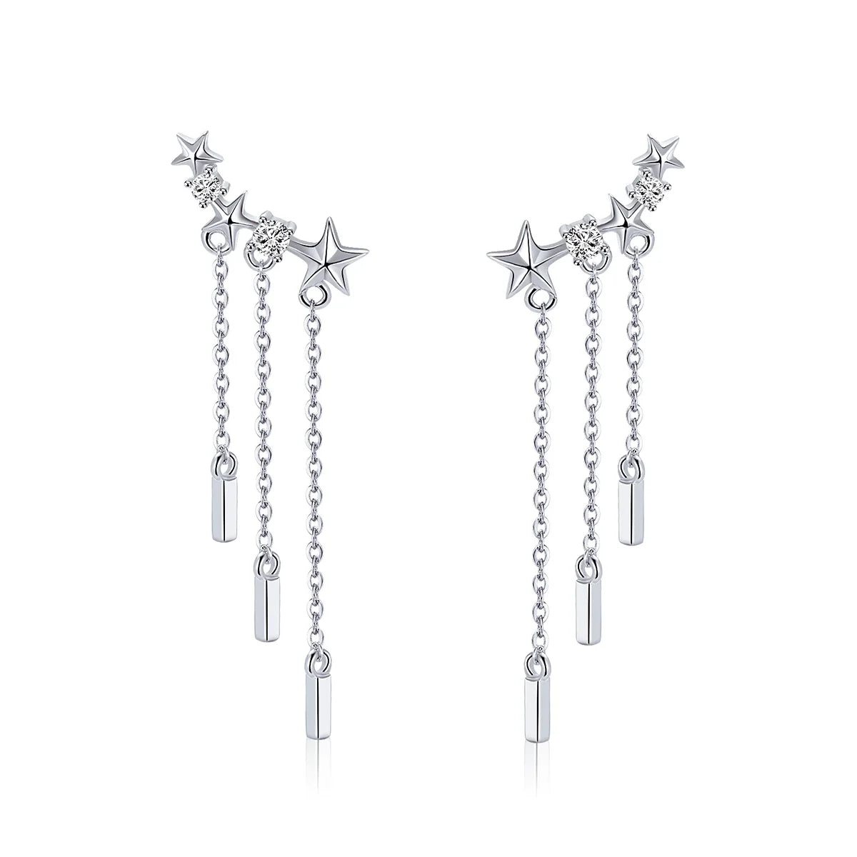 Genuine 925 Sterling Silver Long Chain Star Dazzling CZ Drop Earrings for Women Fashion Earrings Silver Jewelry Gift SCE399