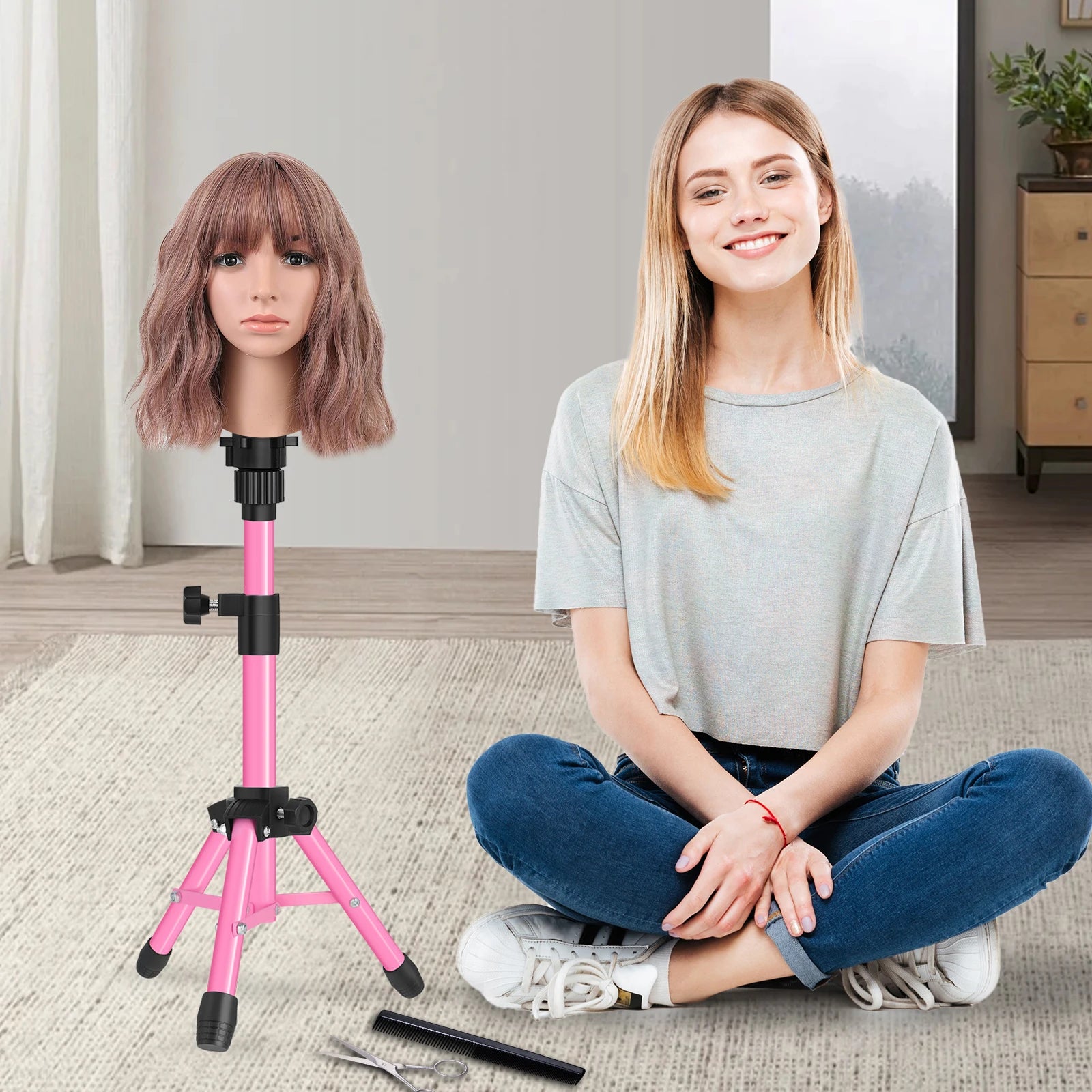 Leeons Portable Stainless Steel Multi-Color Adjustable Mannequin Head Stand Tripod Lightweight Mini Wig Table Wigs Making