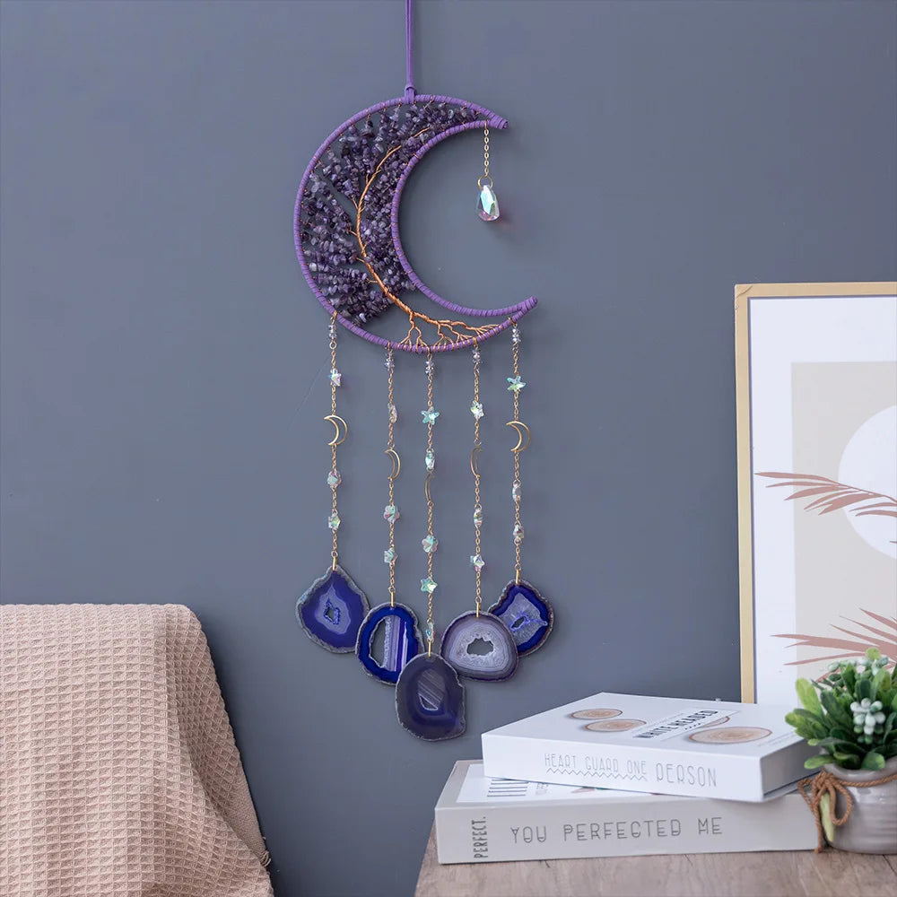 Amethyst rainbow Dream Catcher Handmade Wind Chime Pendant Natural Agate Crystal Gravel Gemstone Dream Catcher Tree of Life