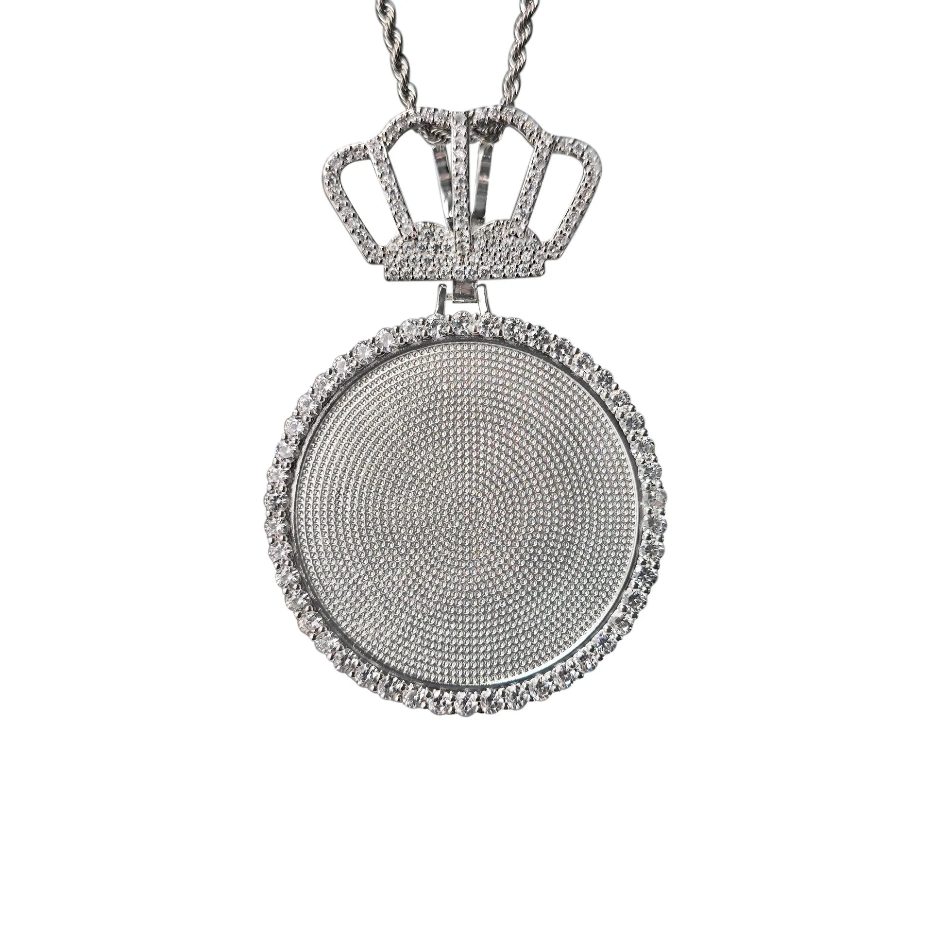 Customized Brass Hip Hop Pendant Crown Button Head Large Photo Frame Zircon Men's Rope Chain Wedding Party Gift Photo Necklace