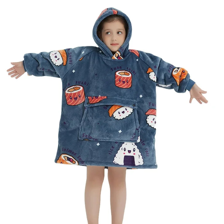 Wholesale OEM Super Soft Warm Cozy Designs Blanket Sweatshirt Wearable Sherpa Hoodie Hooded Blanket for Boys Girls Kids