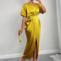S-XL Wholesale Elegant for Women  High-waisted One-step Slit Dress Long V-neck Dress Short-sleeve Dress