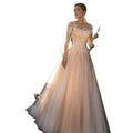 Champagne Princess a Line Appliques Lace Long Sleeve Wedding Dress Illusion Back Buttons Pleating Tulle Bridal Gowns Vestido De