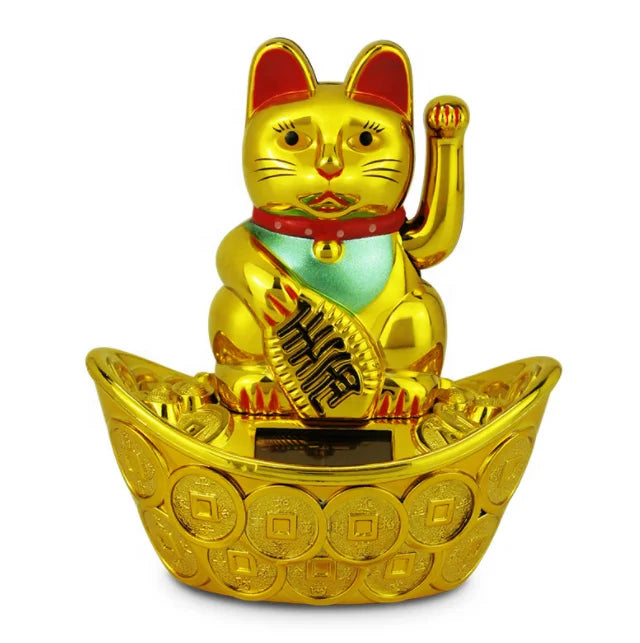 4 Inches Big Solar Power Plastic Japanese Fortune Cat   White Golden Black Color Waving Arm Lucky Cat Maneki Neko