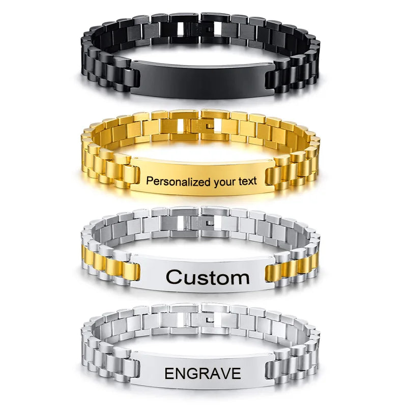 Personalized Bangle Customized Stainless Steel Watch Brand Link Wristband ID Bracelets for Men Women