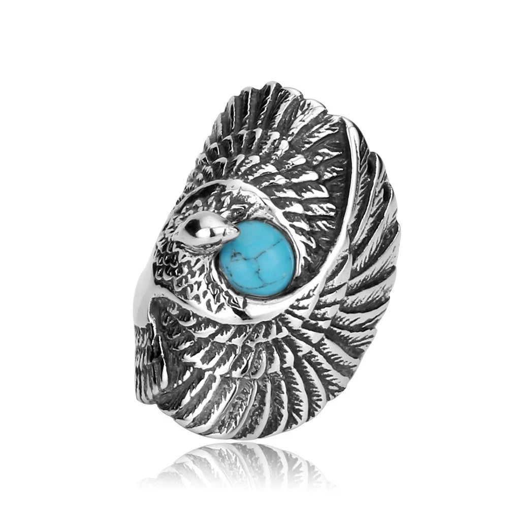 OLAN Wholesale Fashion Jewelry Indian Style Inlaid Turquoise Eagle Stainless Steel Rings for Men